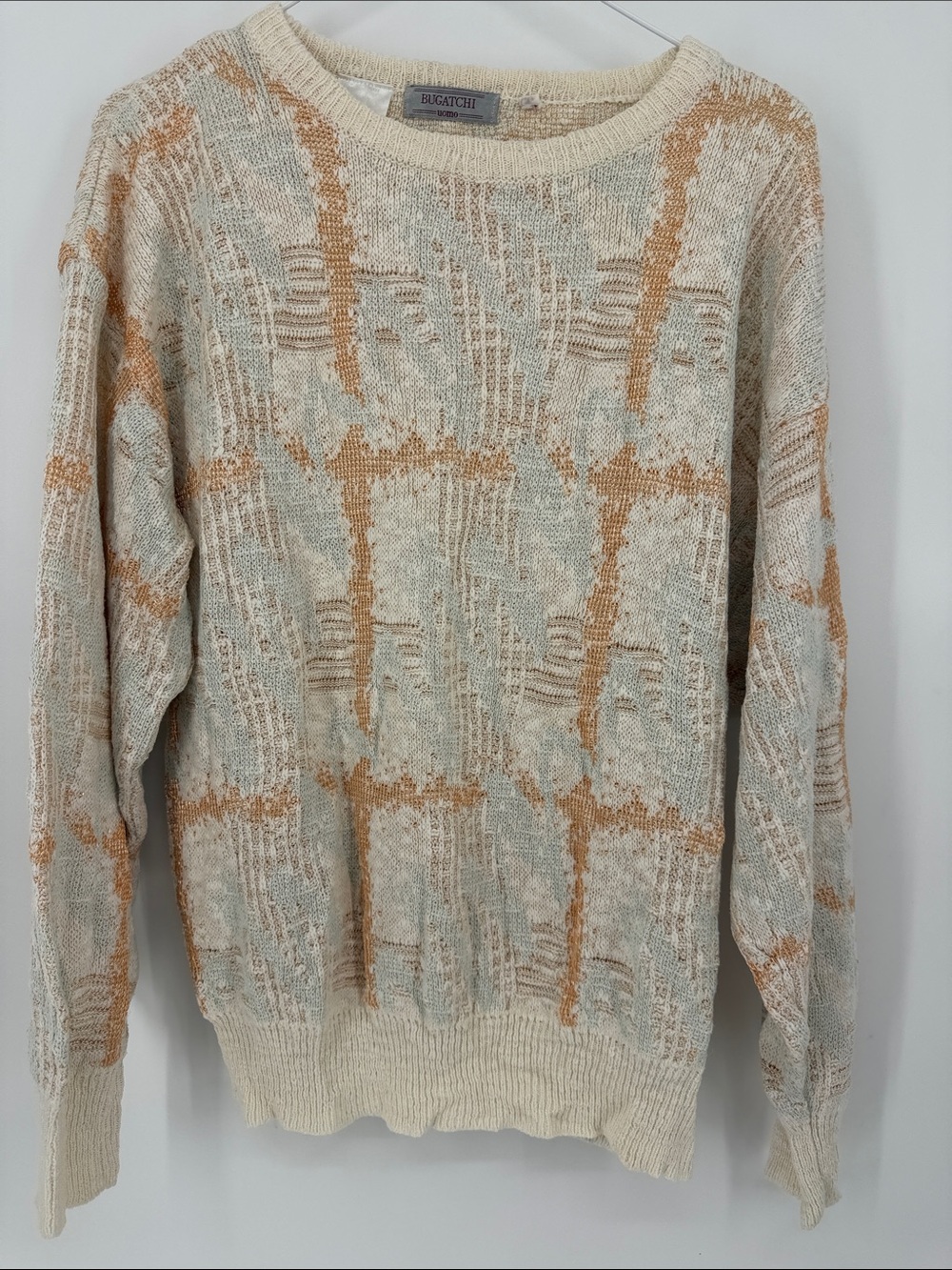 Bugatchi Uomo Textured Knit Sweater Cream Tan Abstract Pullover Men’s XL